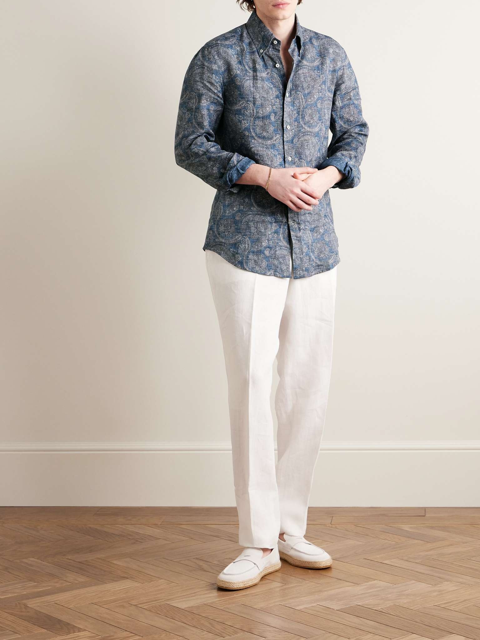 Button-Down Collar Paisley-Print Linen-Chambray Shirt - 2
