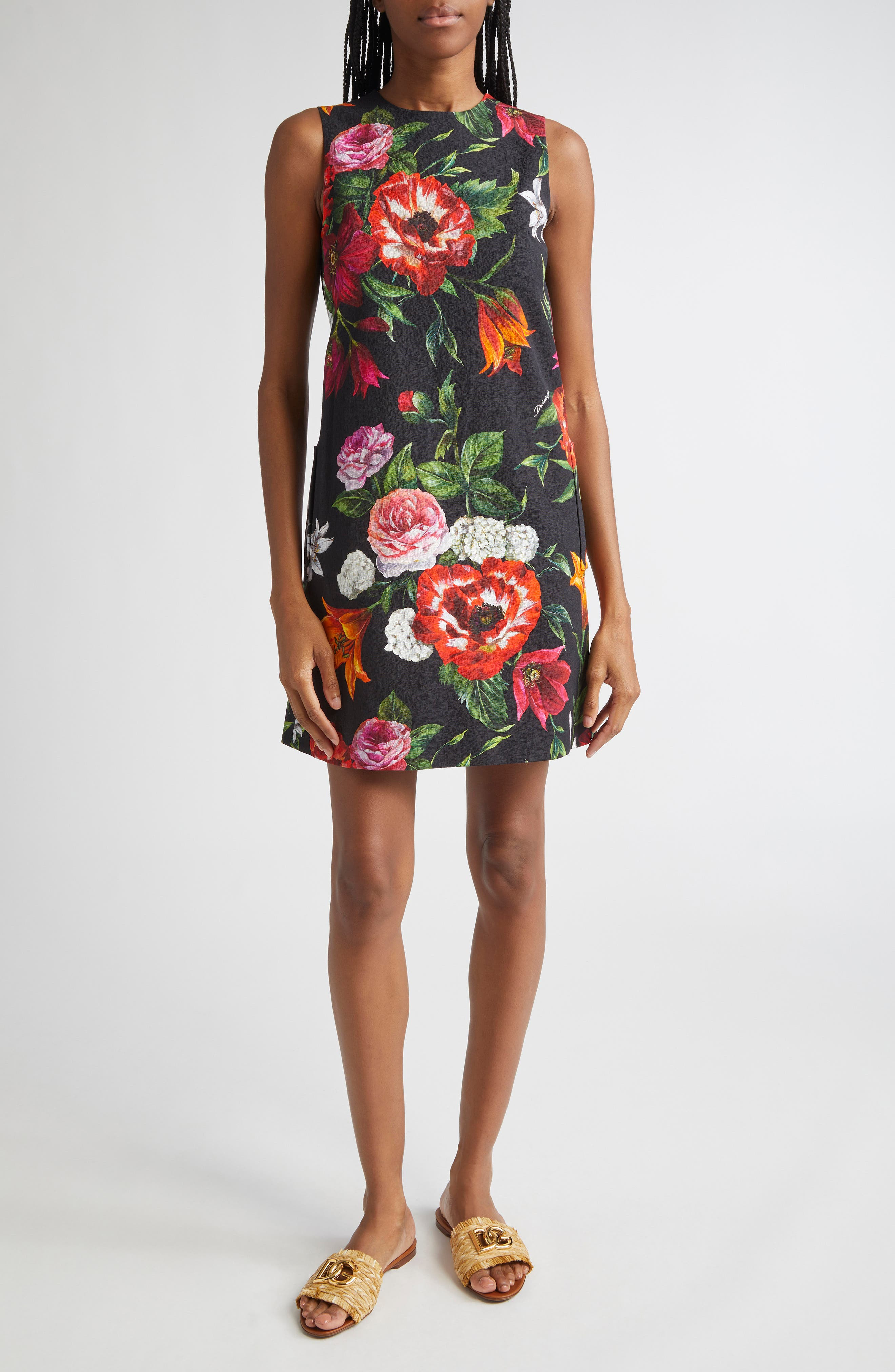 Dolce&Gabbana Floral Print Stretch Faille Shift Dress in Hn5Pb Anemoni Gigli F.nero at Nordstrom - 1