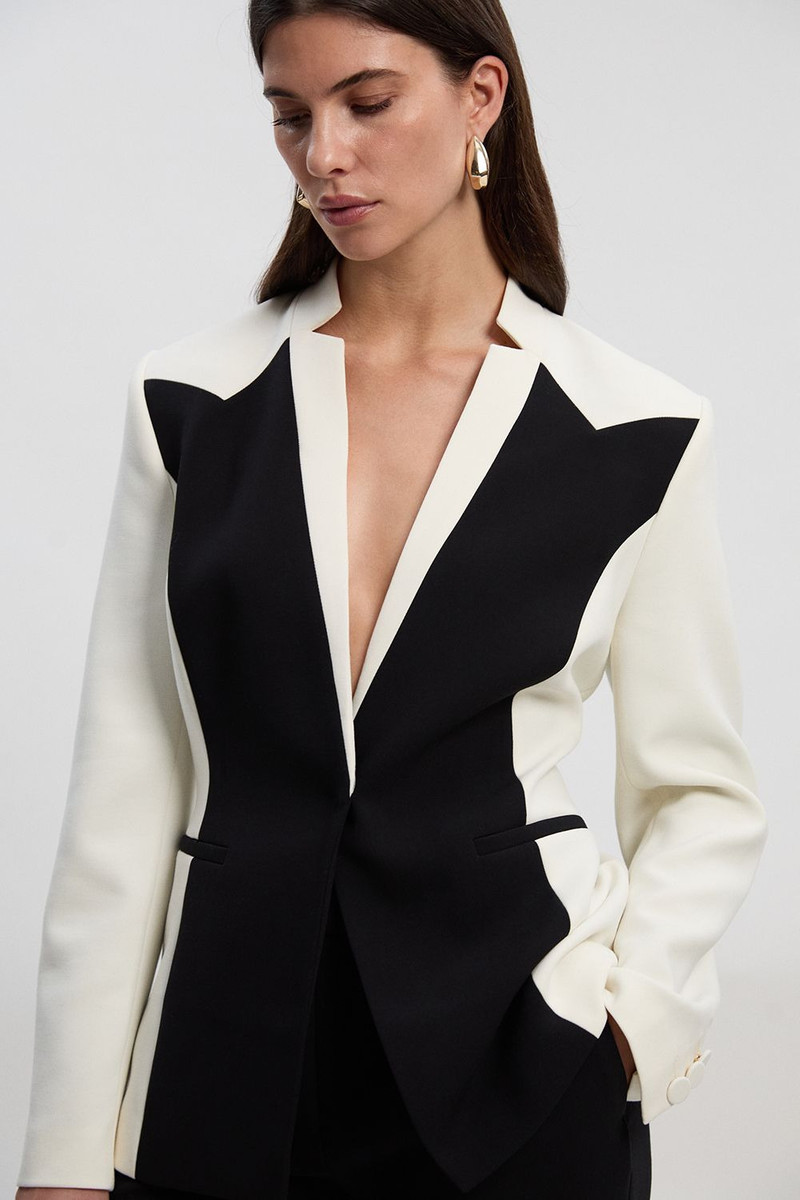 Compact Stretch Colour Block Tailored Single Breasted Blazer 1