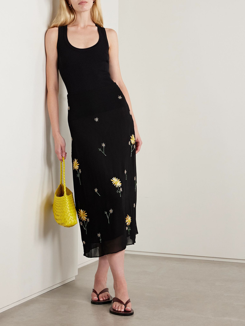 STAUD Angela bead-embellished crepe de chine midi skirt Black outlook