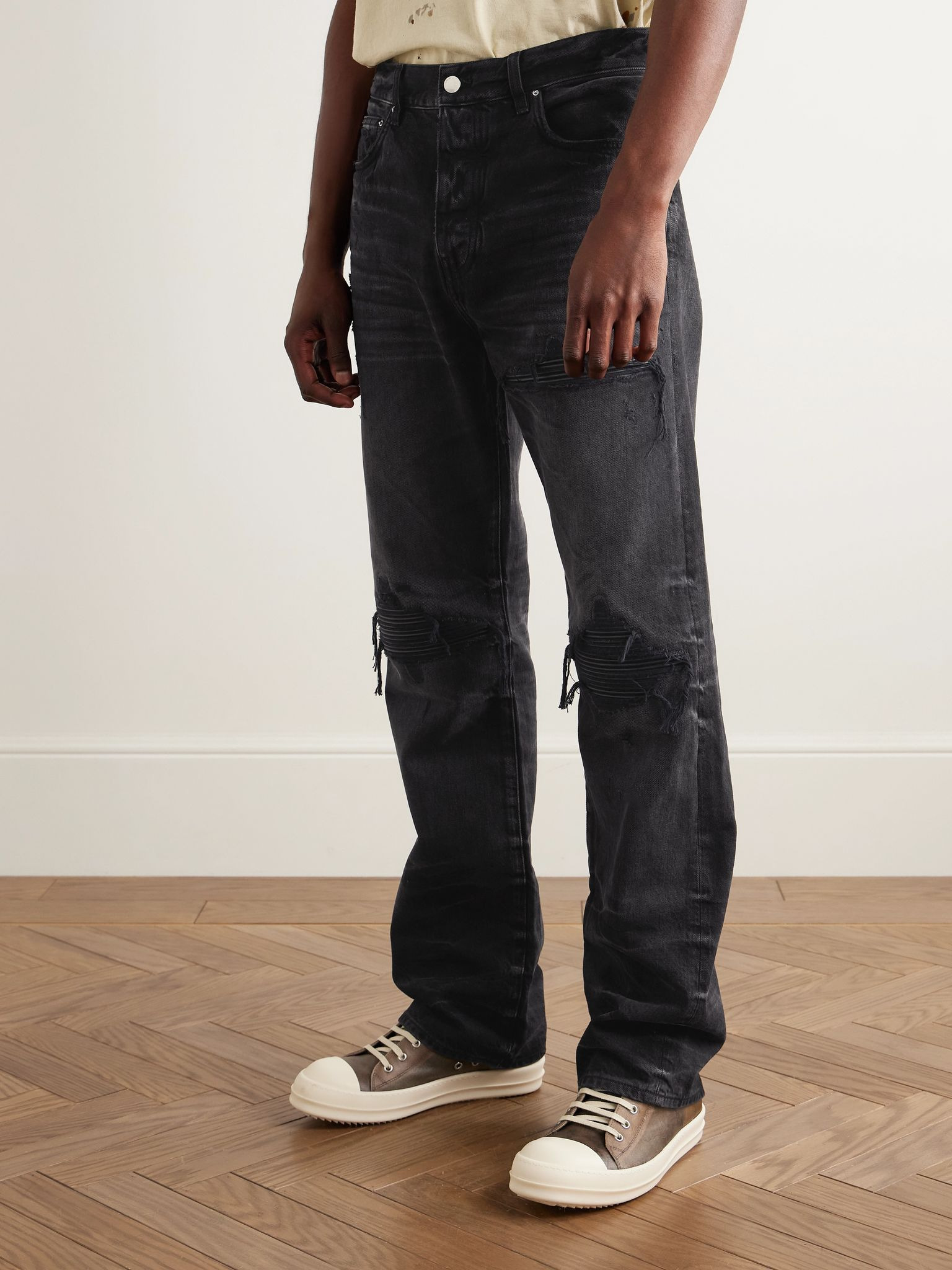 MX1 Straight-Leg Leather-Panelled Distressed Jeans Black - 3