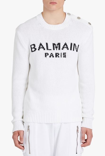 White cotton sweater with embroidered black Balmain Paris logo - 5