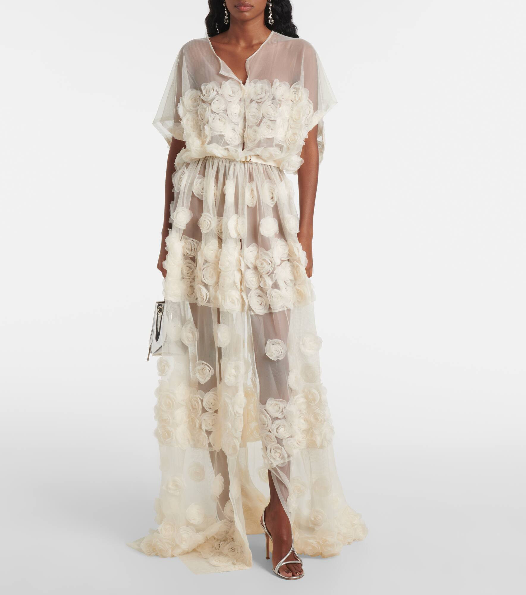 Floral-appliqué belted sheer gown - 2