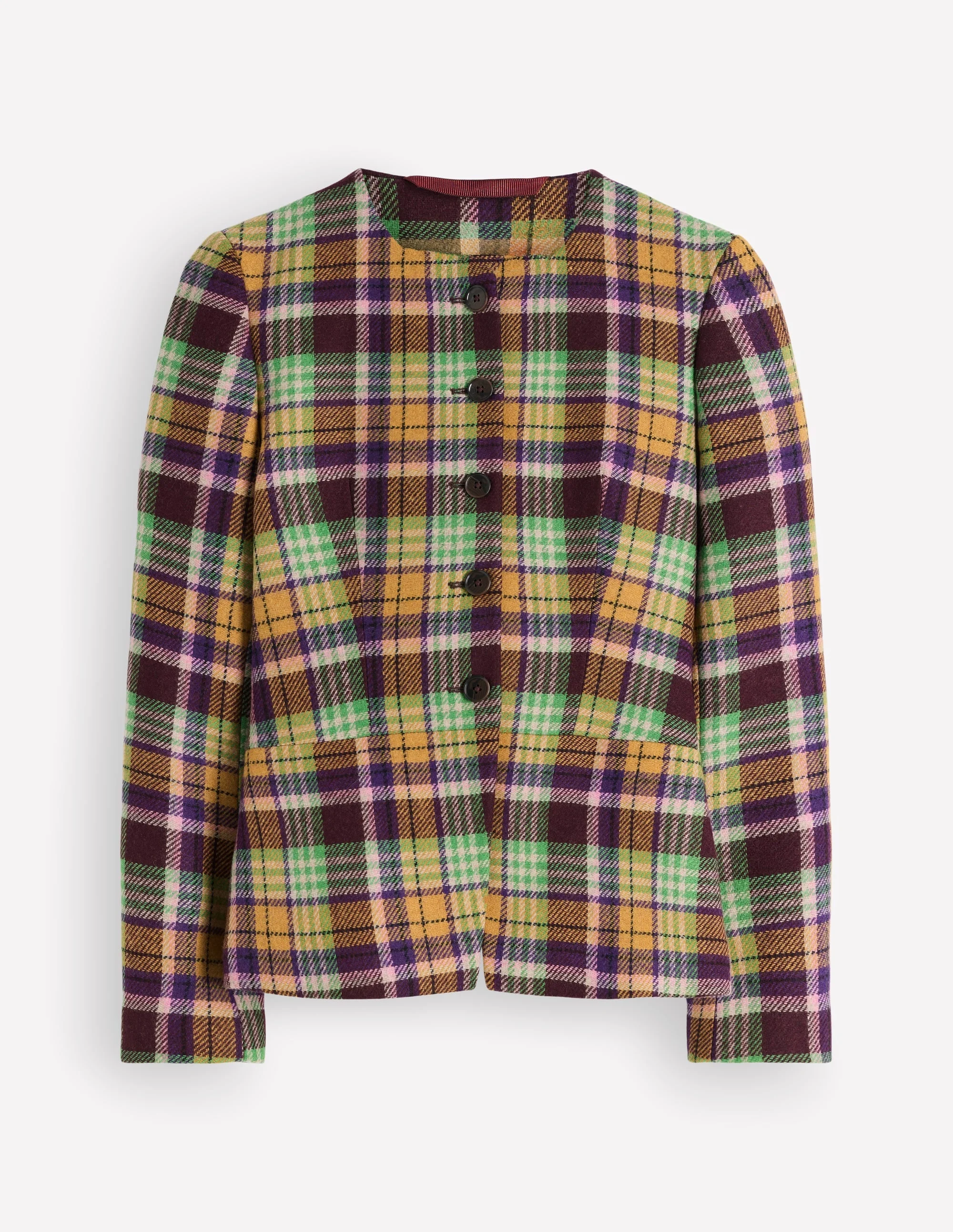 Collarless Wool Blend Blazer-Yellow, Maroon Multi Check - 1