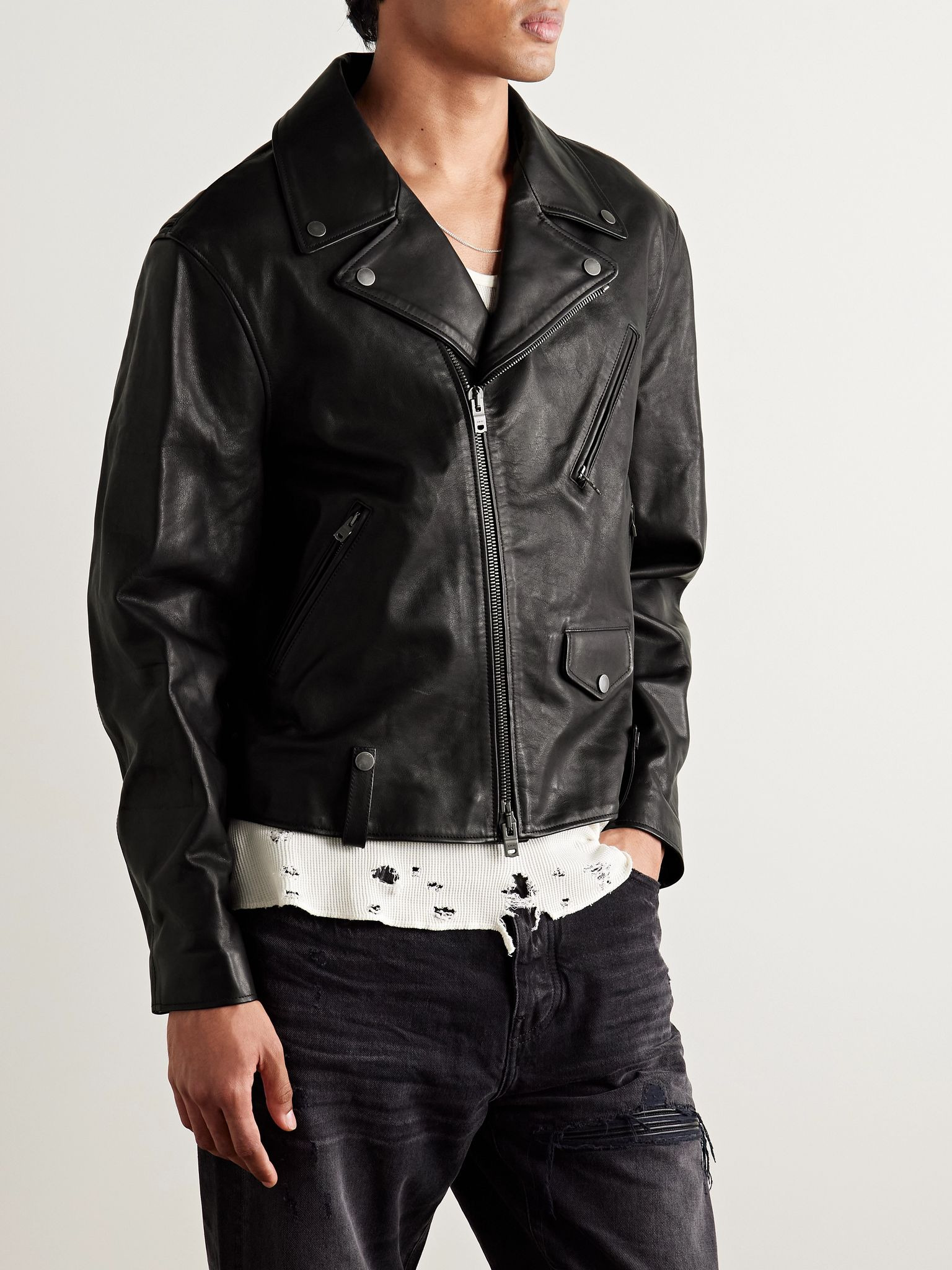 Hollywood Cropped Logo-Appliquéd Leather Biker Jacket Black - 3
