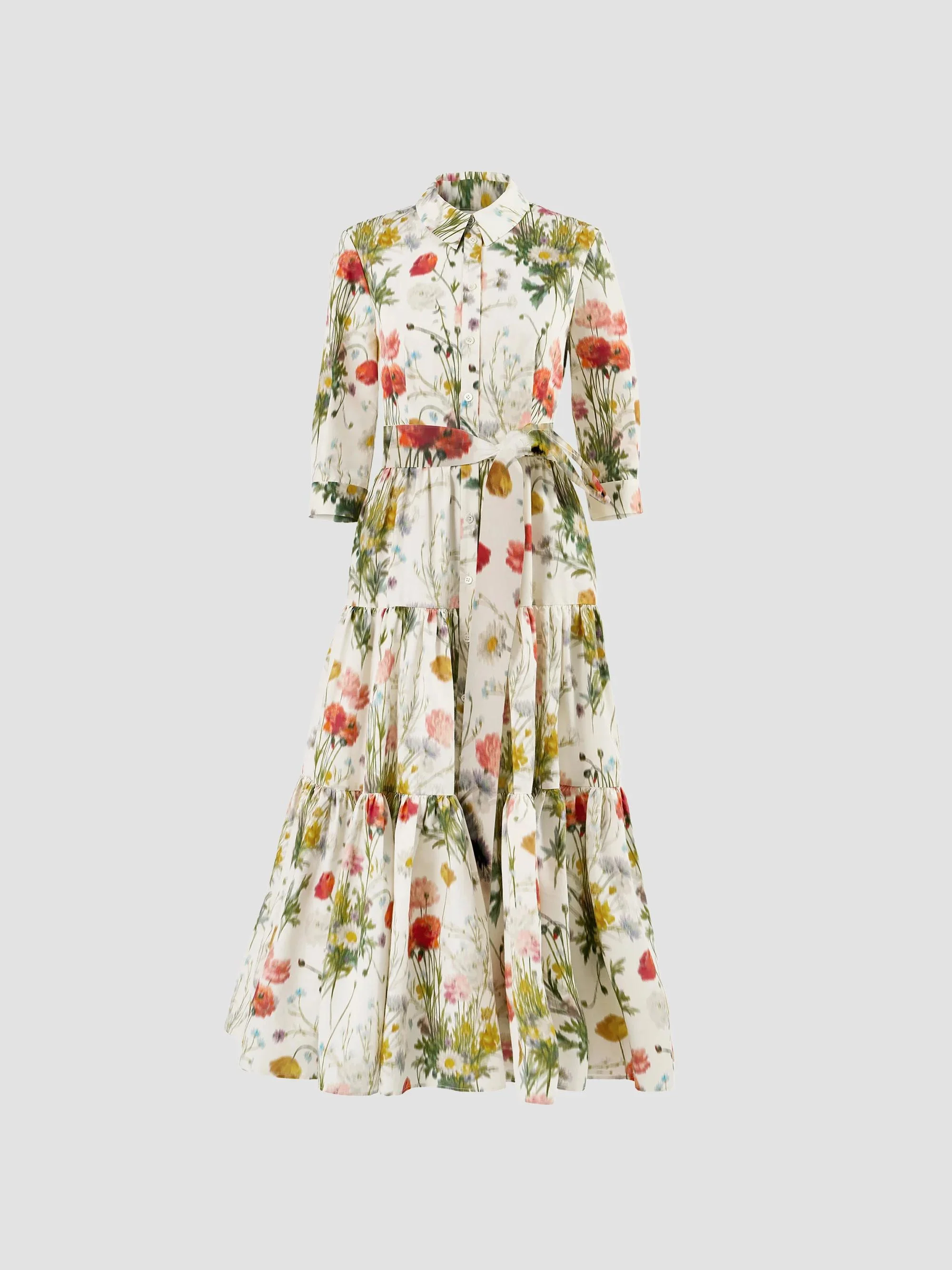 Women's Floral Cotton-Silk Self-Belt Midi Shirtdress - Pearl Multi - 1