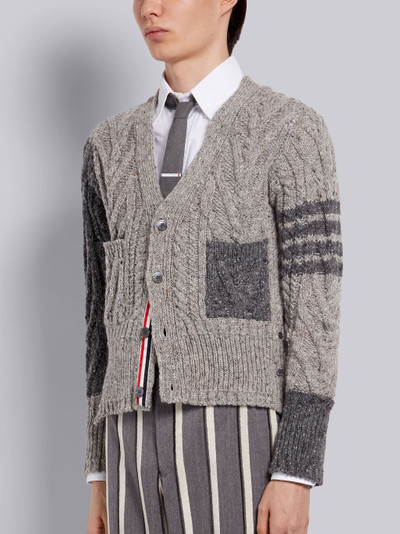 Thom Browne Medium Grey Fun-Mix Wool Mohair Tweed Aran Cable Classic 4-Bar V-Neck Cardigan outlook