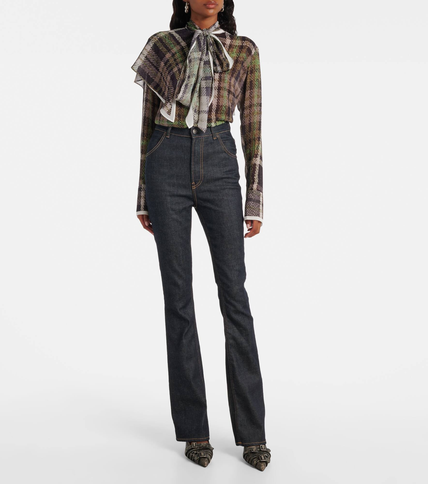 High-rise cotton-blend flared pants - 7