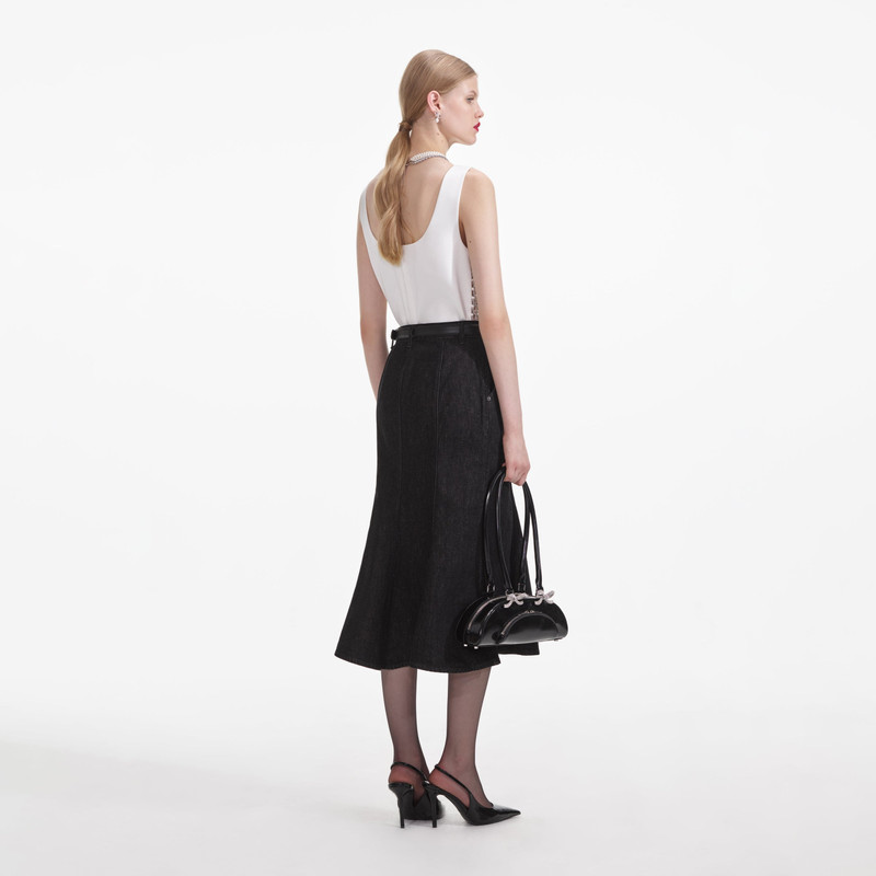 self-portrait Black Flared Denim Midi Skirt outlook