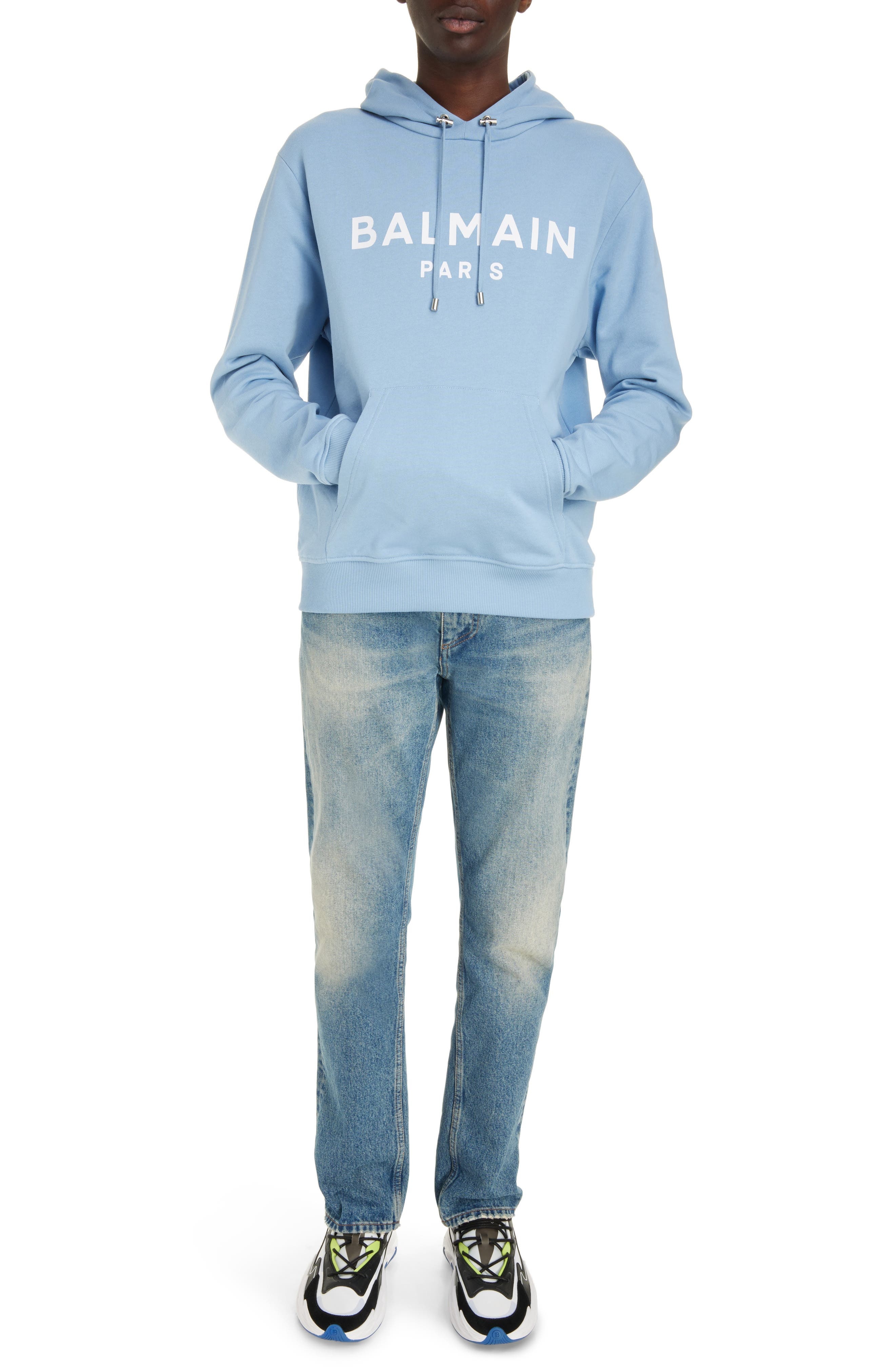 Balmain Organic Cotton Logo Graphic Hoodie in Slj Pale Blue/White at Nordstrom - 2