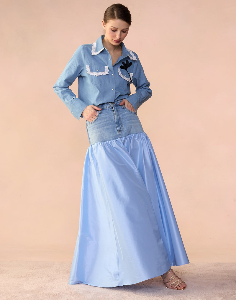 CYNTHIA ROWLEY Denim Taffeta Skirt outlook