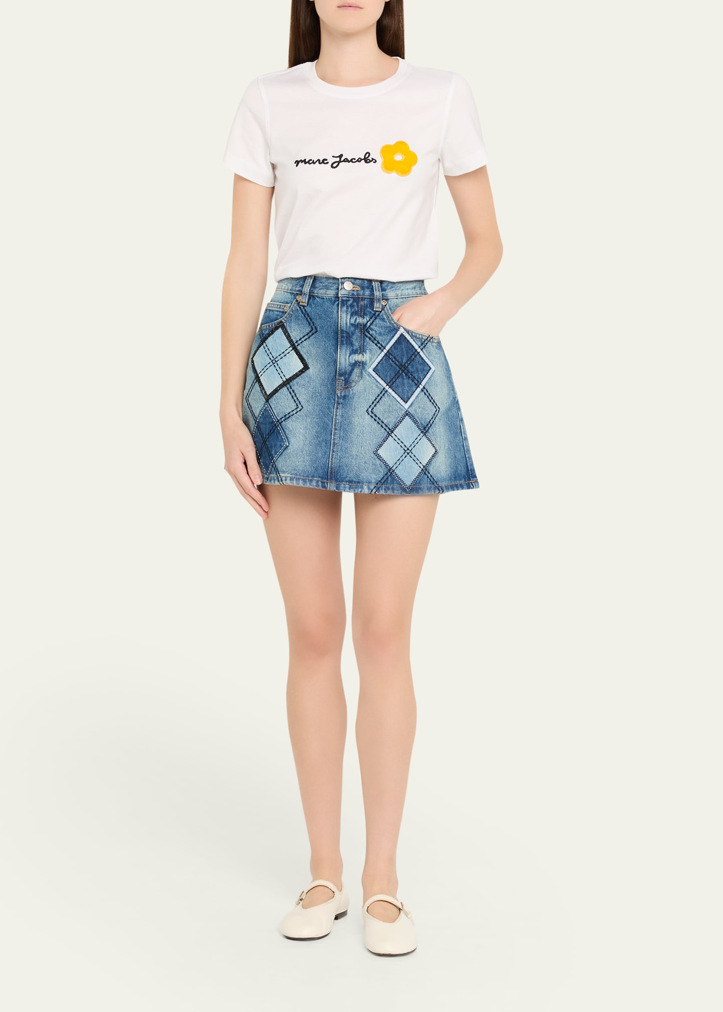 Argyle Patchwork Denim Mini Skirt - 2