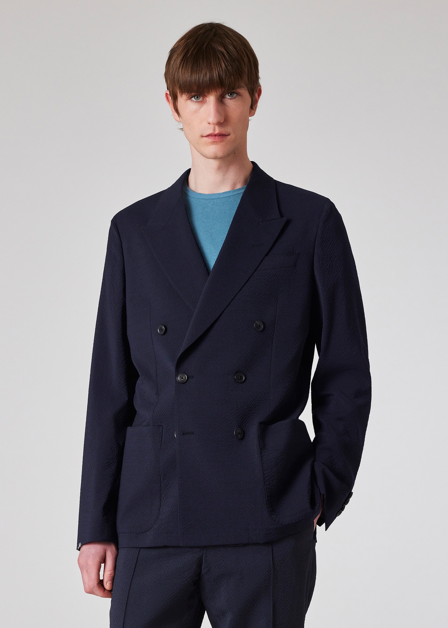 Dark Navy Seersucker Double-Breasted Blazer - 5