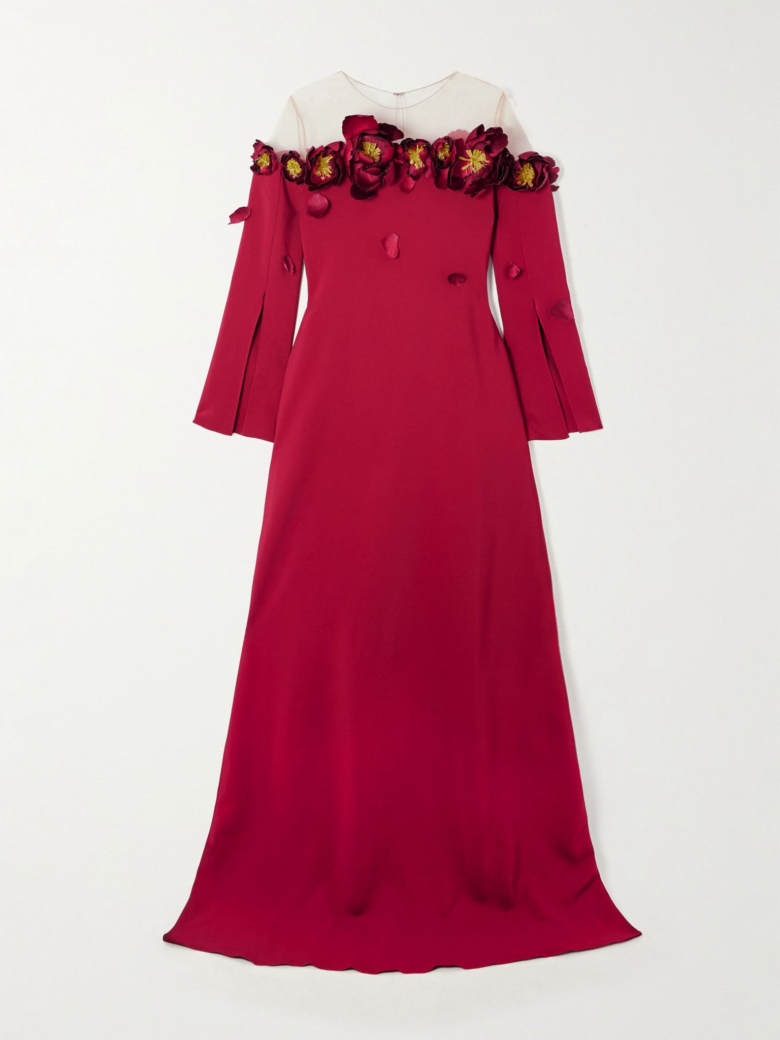 Embellished mesh-trimmed crepe gown Red - 1