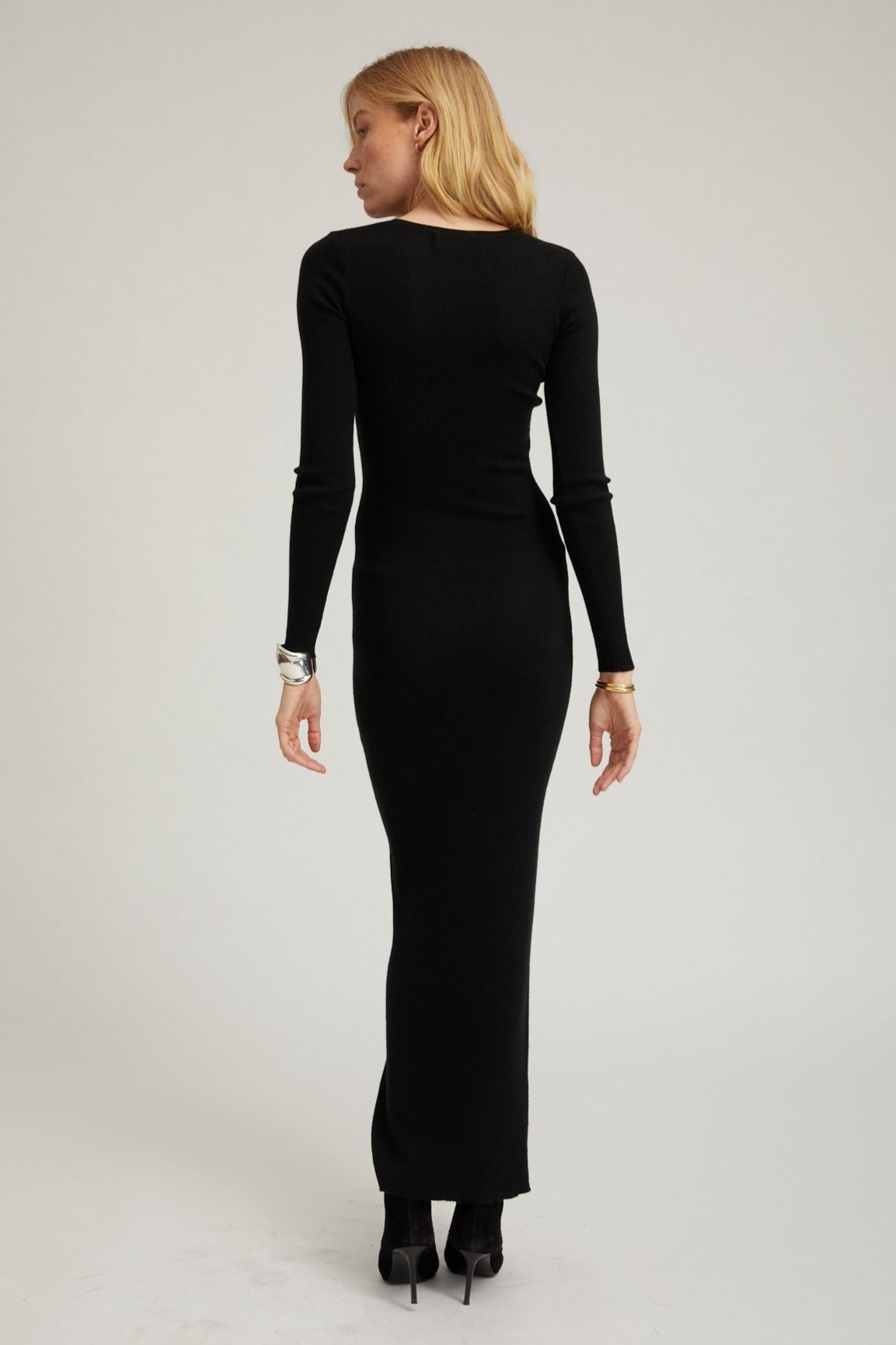 BLACK CASHMERE CREW NECK MAXI DRESS - 4