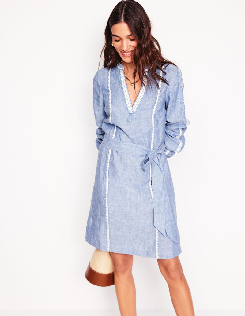Cleo Linen Tie Waist Dress-Chambray Embroidery 6