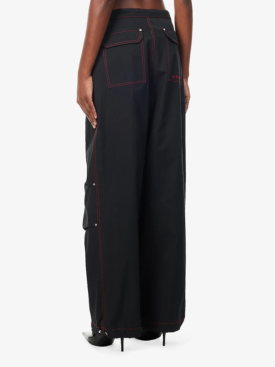 Hongbao drawstring-hem wide-leg mid-rise cotton-blend trousers - 4