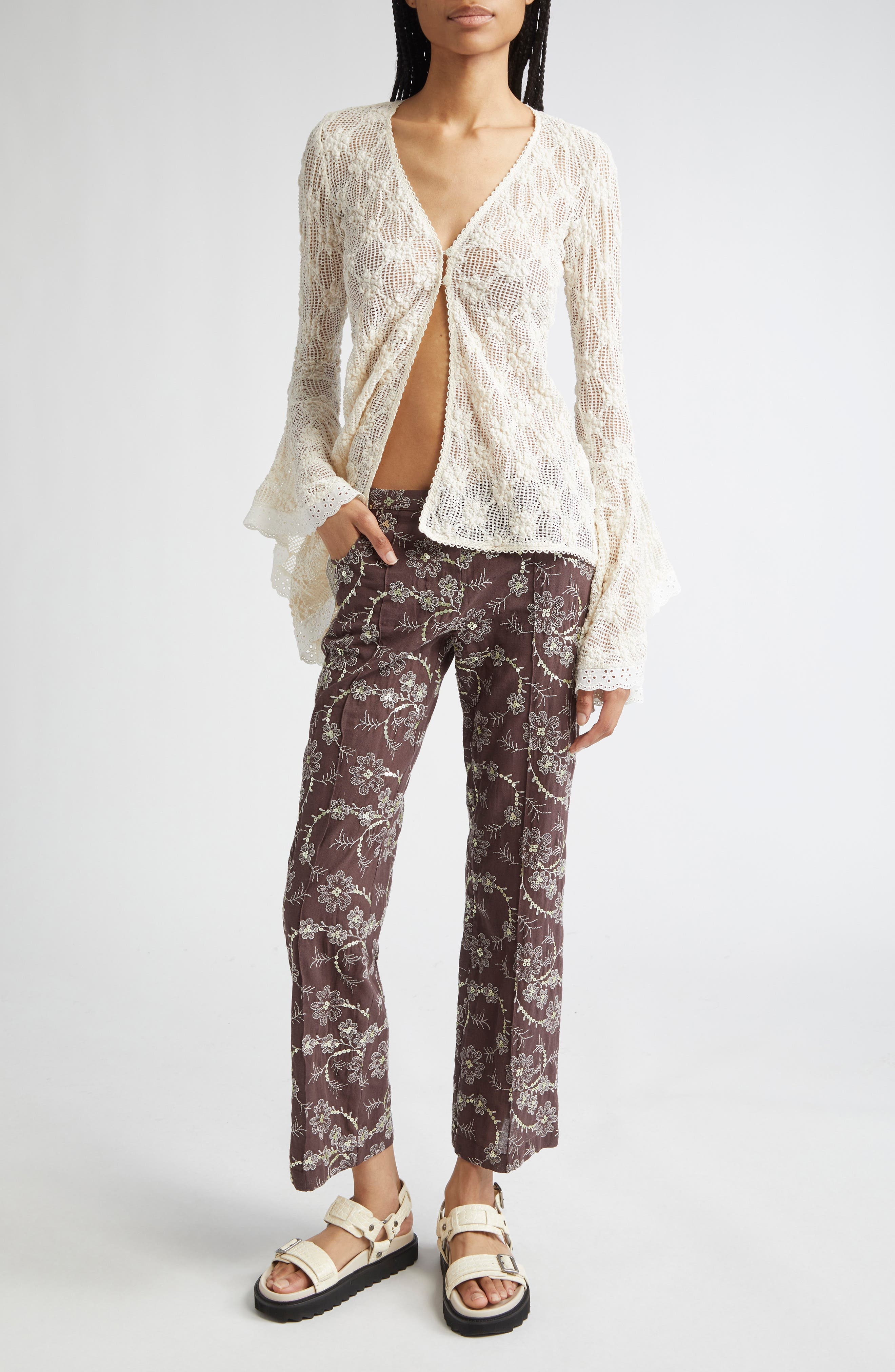 Siedrés Cera Floral Sequin Straight Leg Pants in Brown at Nordstrom - 2