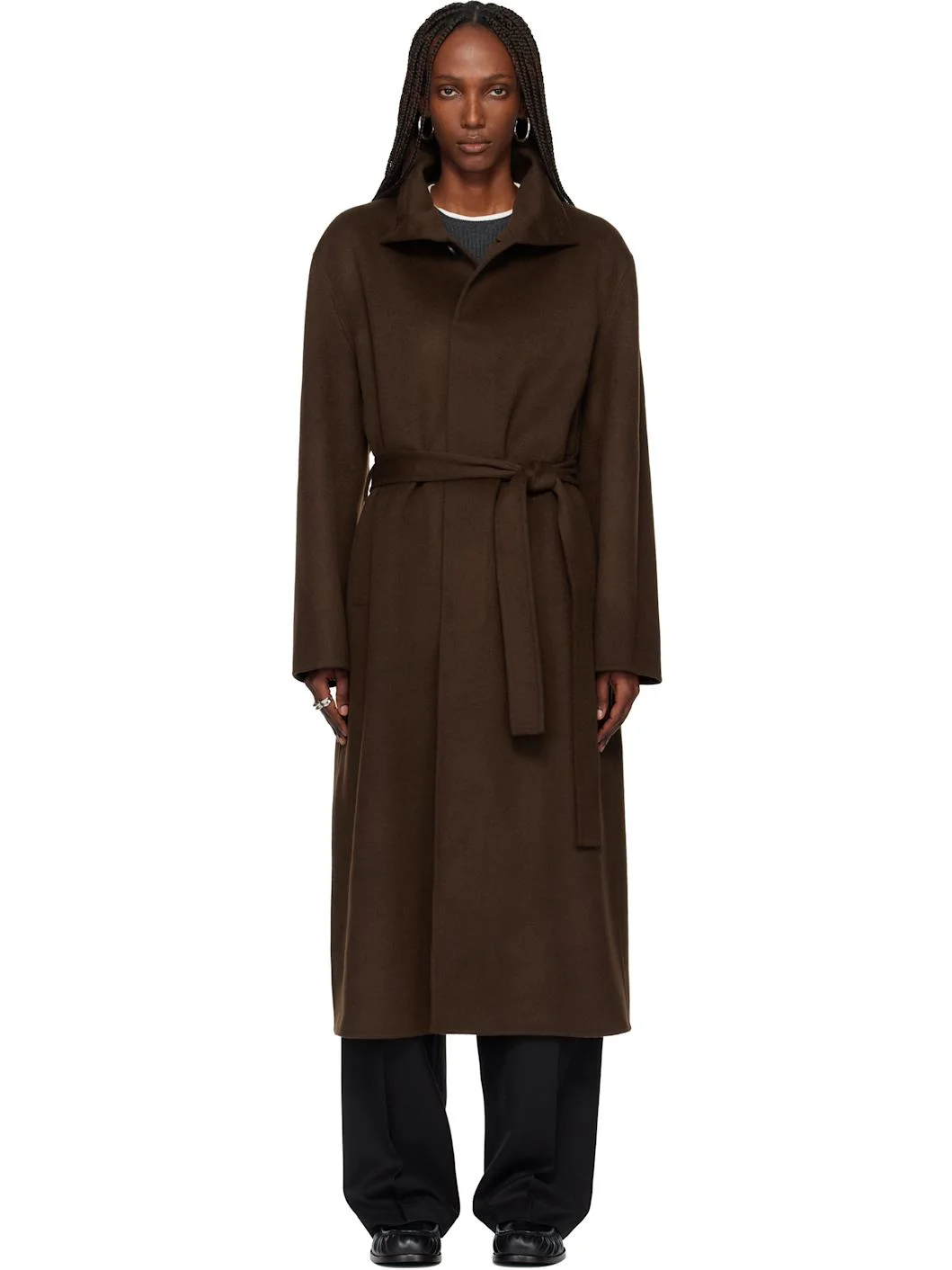 Brown Hand-Made Wool Cashmere Stand-Collar Coat - 1