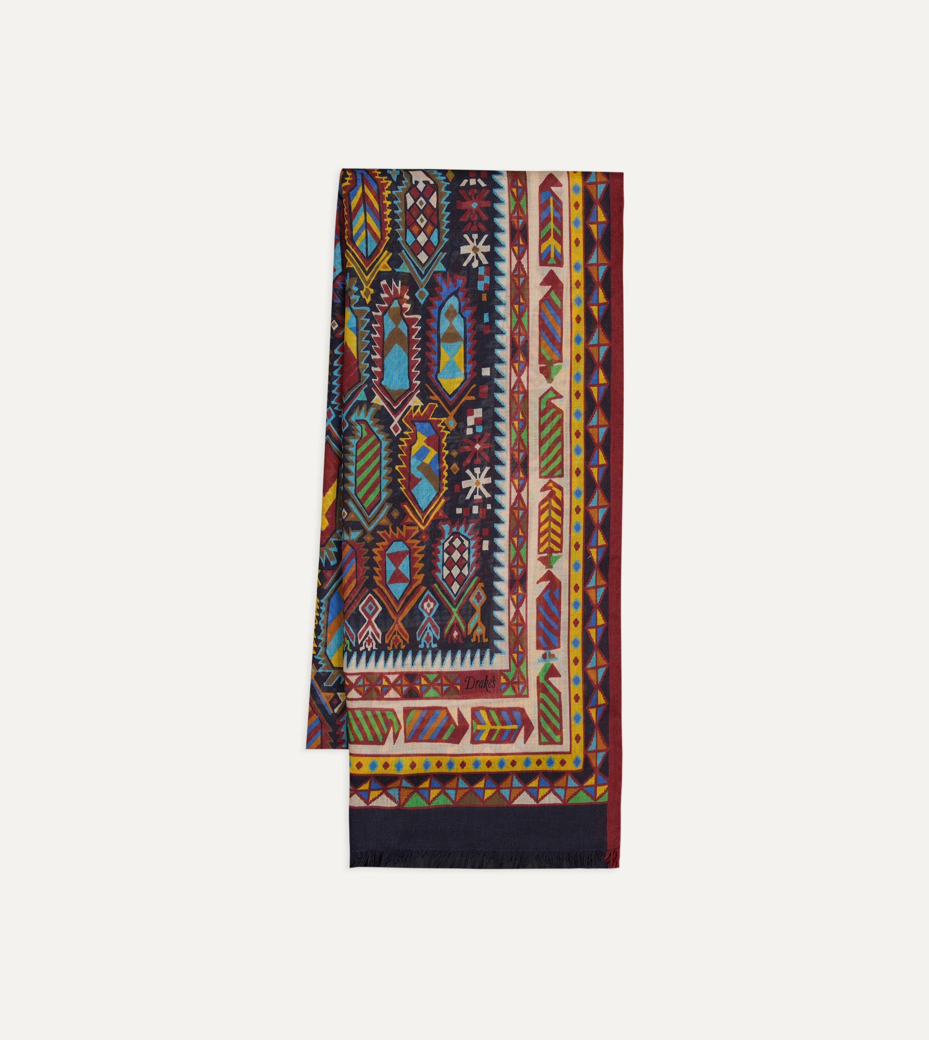 Purple and Navy Woven Print Wool Silk Scarf - 1