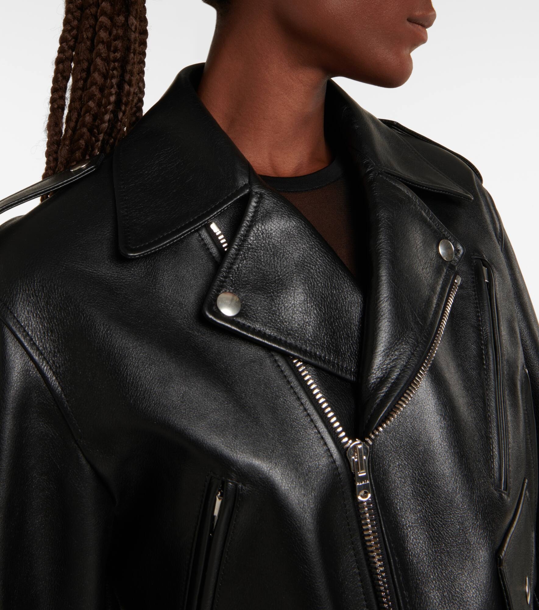 Cropped leather biker jacket - 4