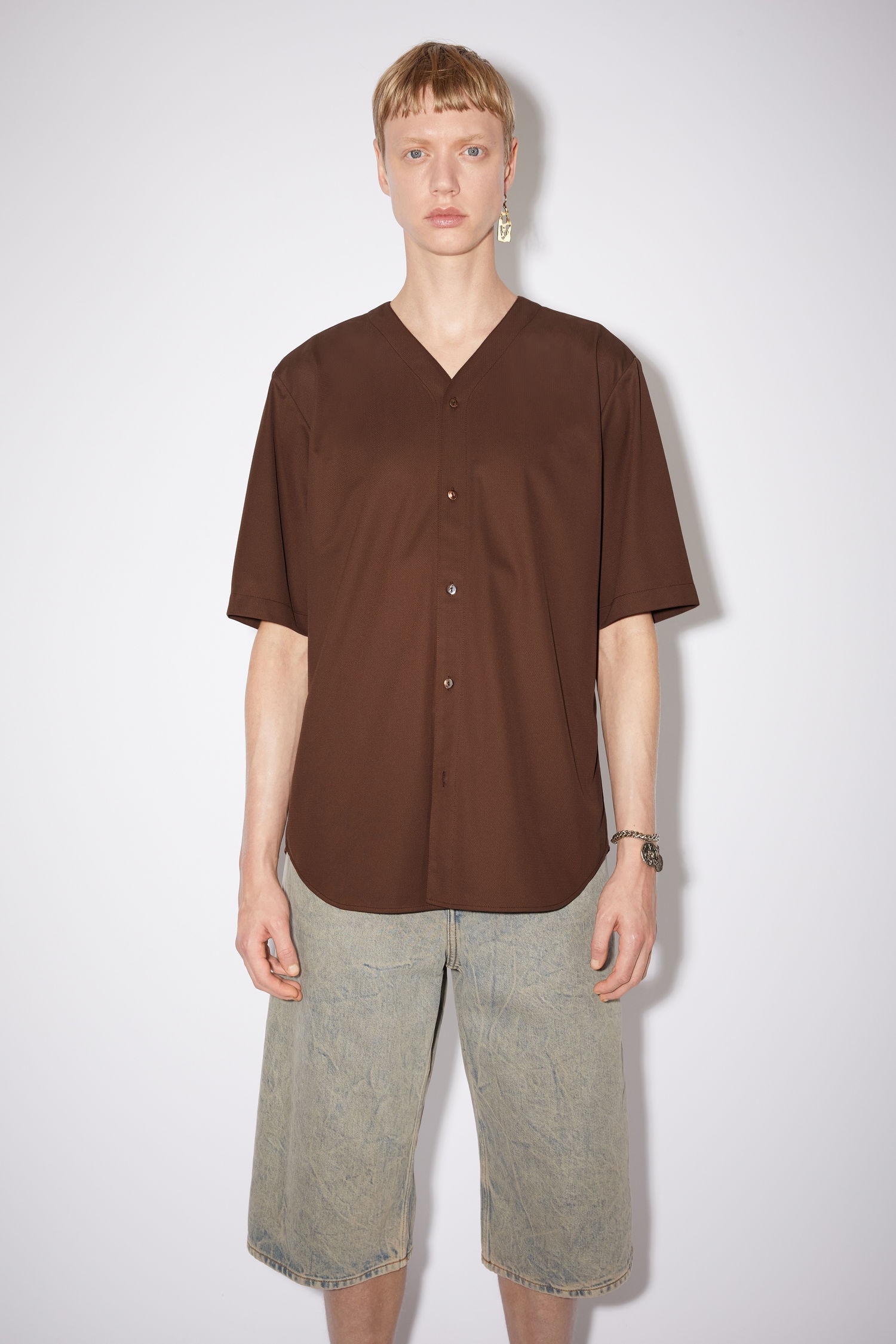 Collarless shirt - Dark brown - 2