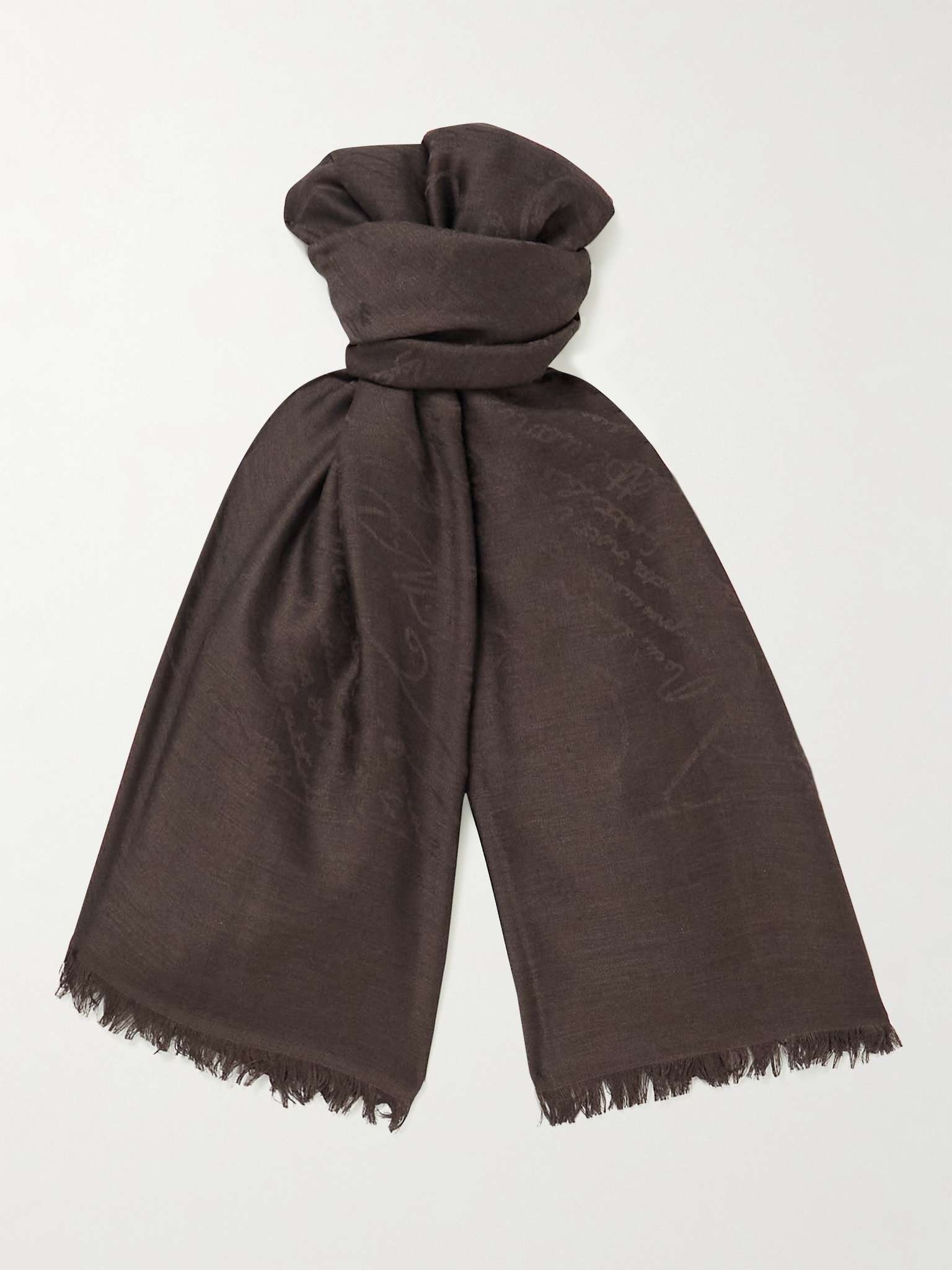 Fringed Wool and Mulberry Silk-Blend Jacquard Scarf - 1