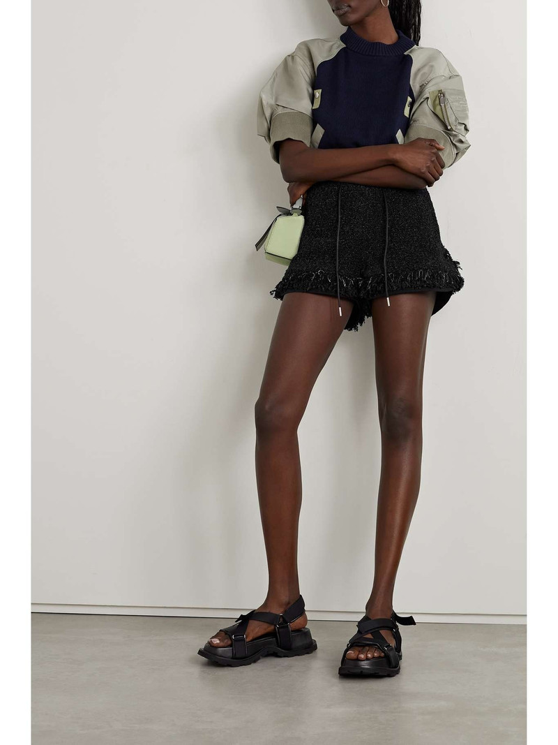 sacai Grosgrain-trimmed frayed tweed shorts outlook