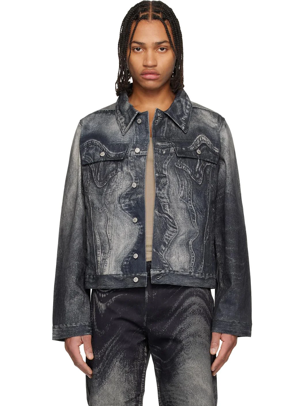 Black Distorted Print Denim Jacket - 1