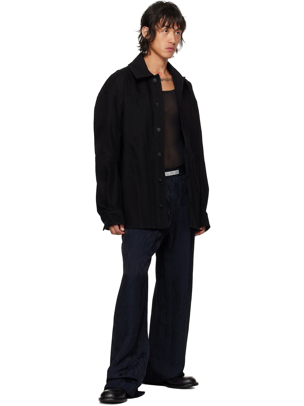 Navy Wide Fur-Patterned Jacquard Trousers - 4