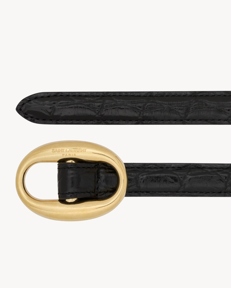 SAINT LAURENT oval buckle thin belt in crocodile-embossed leather outlook