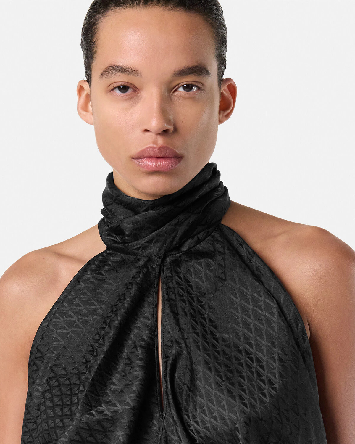 V Allover Jacquard Silk Lavallière Top - 3