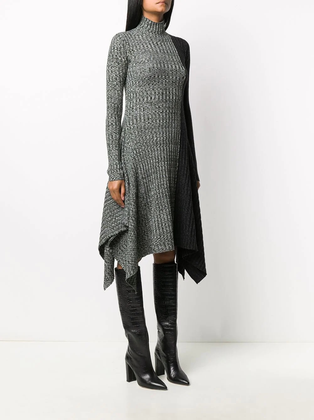 asymmetric monochrome block knit dress - 3