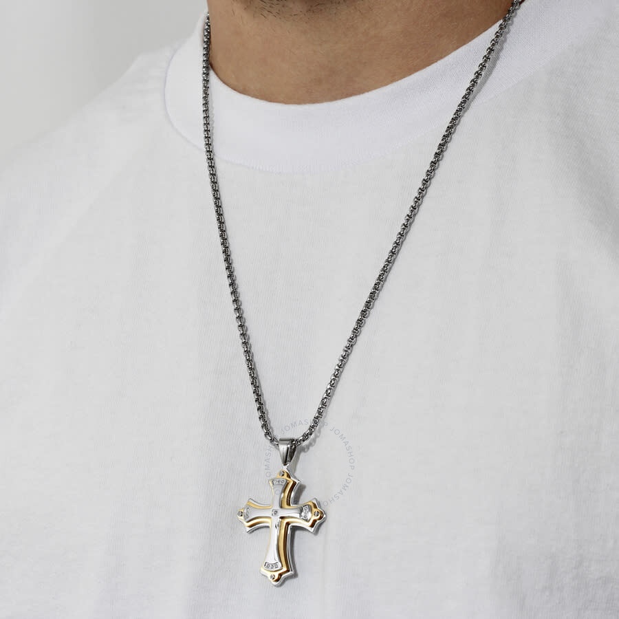 Robert Alton - Robert Alton .07CTW Diamond Stainless Steel With White and Yellow Finish Men's Cross Pendant - 5