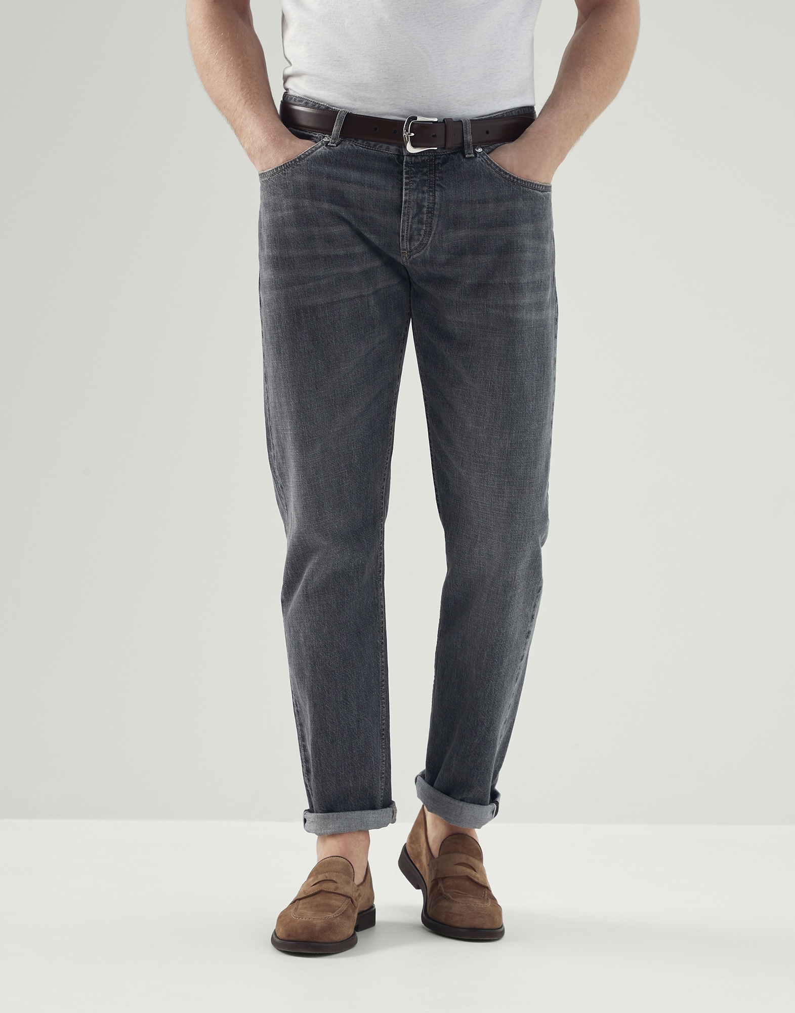 Grey denim traditional fit five-pocket trousers with selvedge - 1