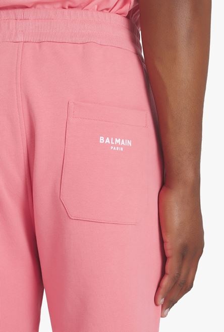 Salmon pink eco-designed cotton shorts with flocked white Balmain Paris logo - 8