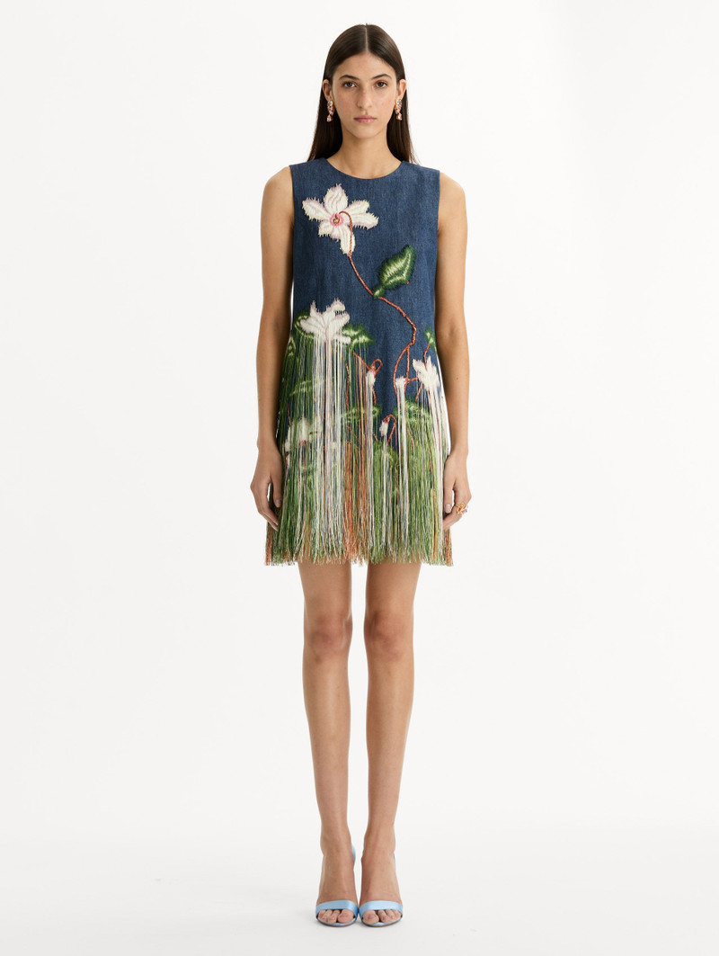 Oscar de la Renta CHINÉ CYCLAMEN THREADWORK FRINGE SHIFT DRESS outlook