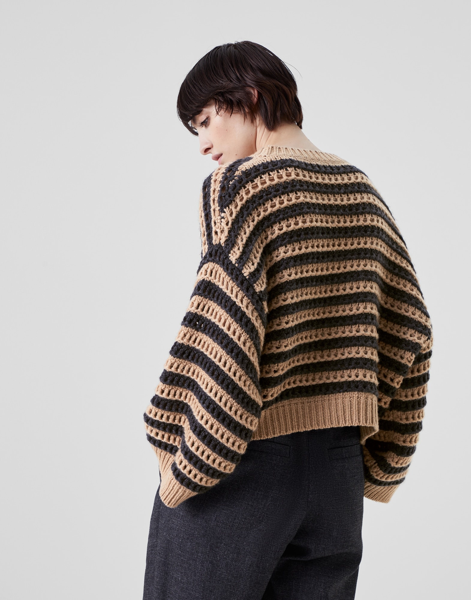 Striped net sweater in virgin wool, cashmere and silk feather yarn - 2