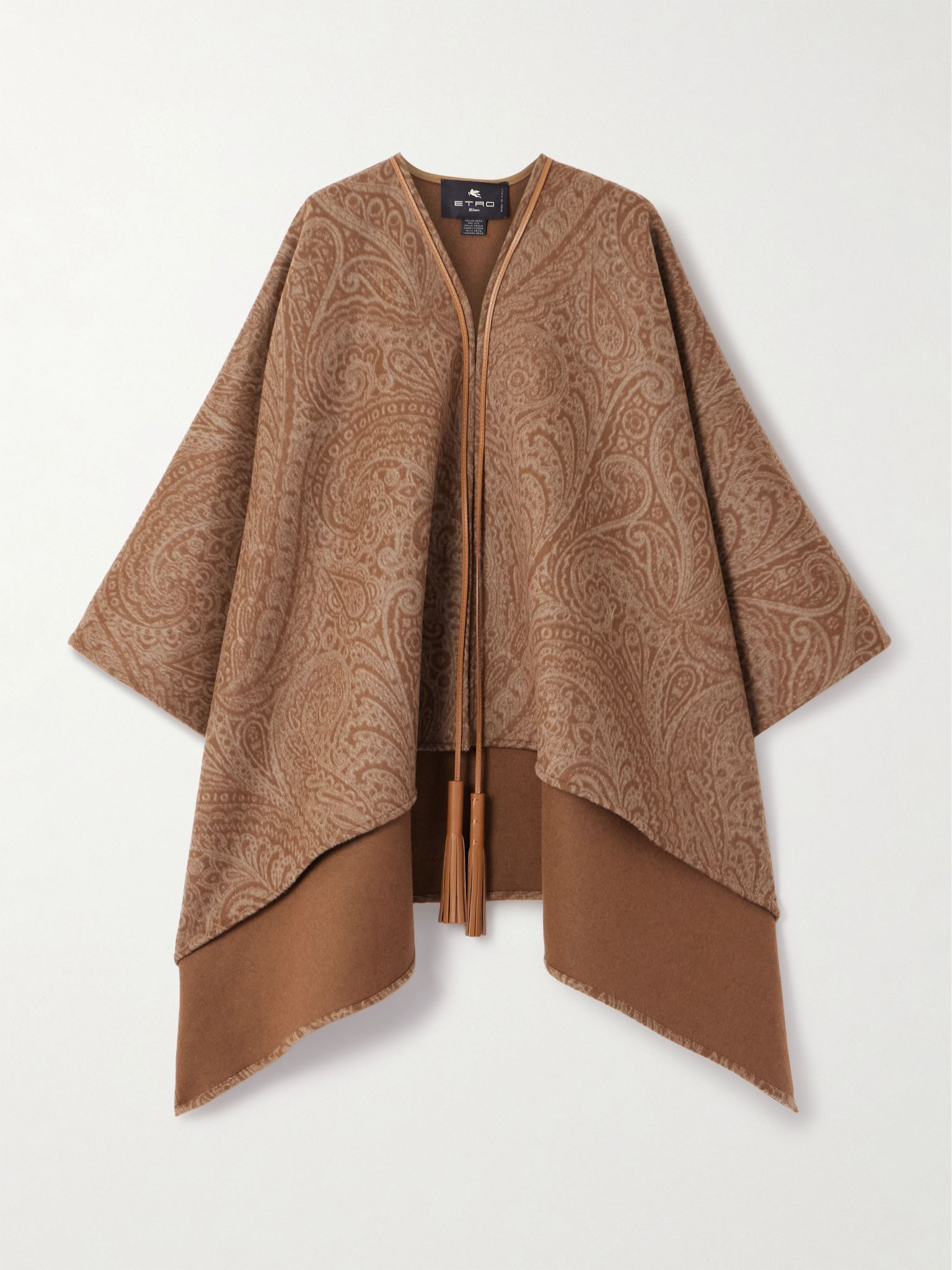 Leather-trimmed paisley-print wool-blend poncho Brown - 1