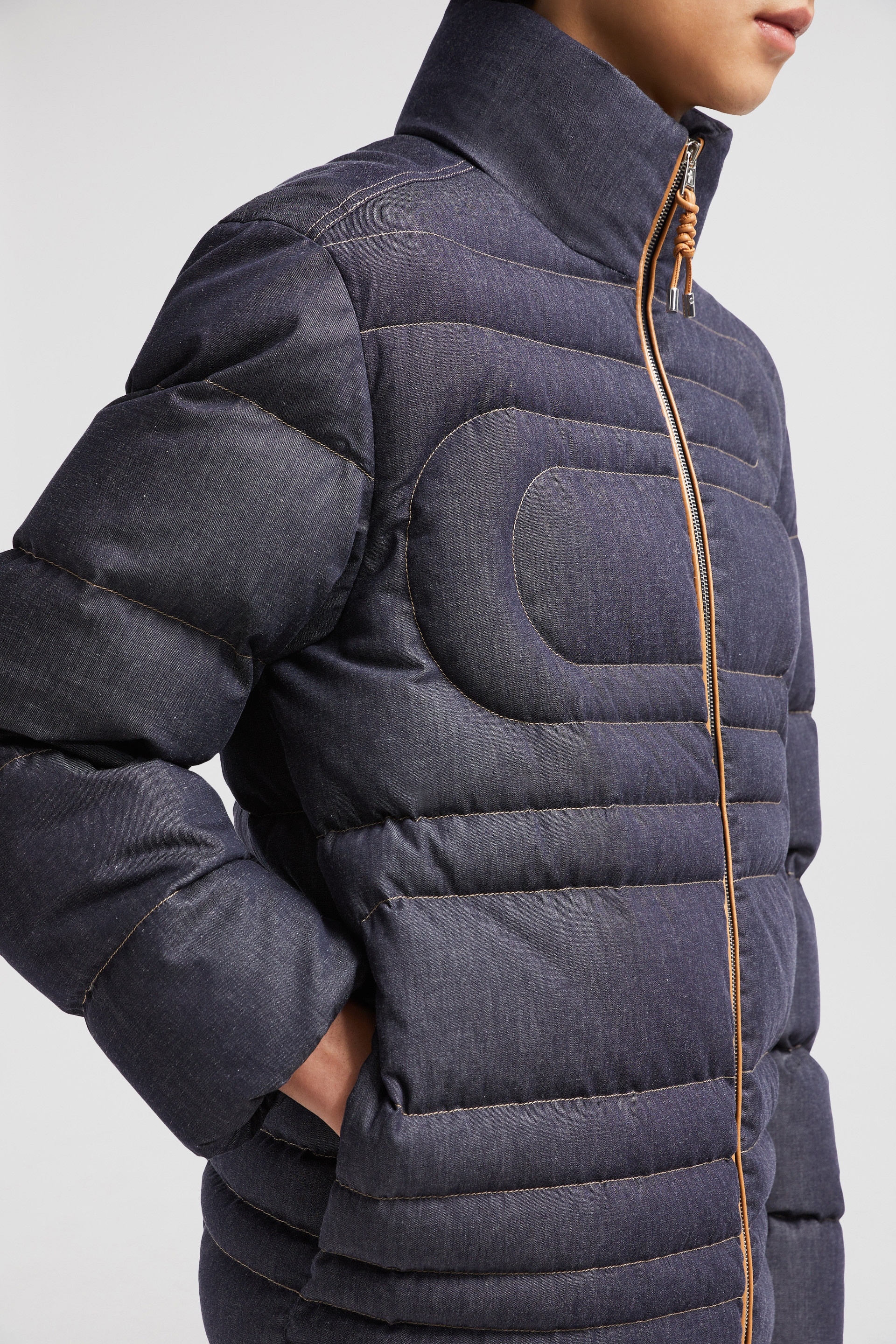 Moncler Xiaohai Snake-Quilted Denim Short Down Jacket