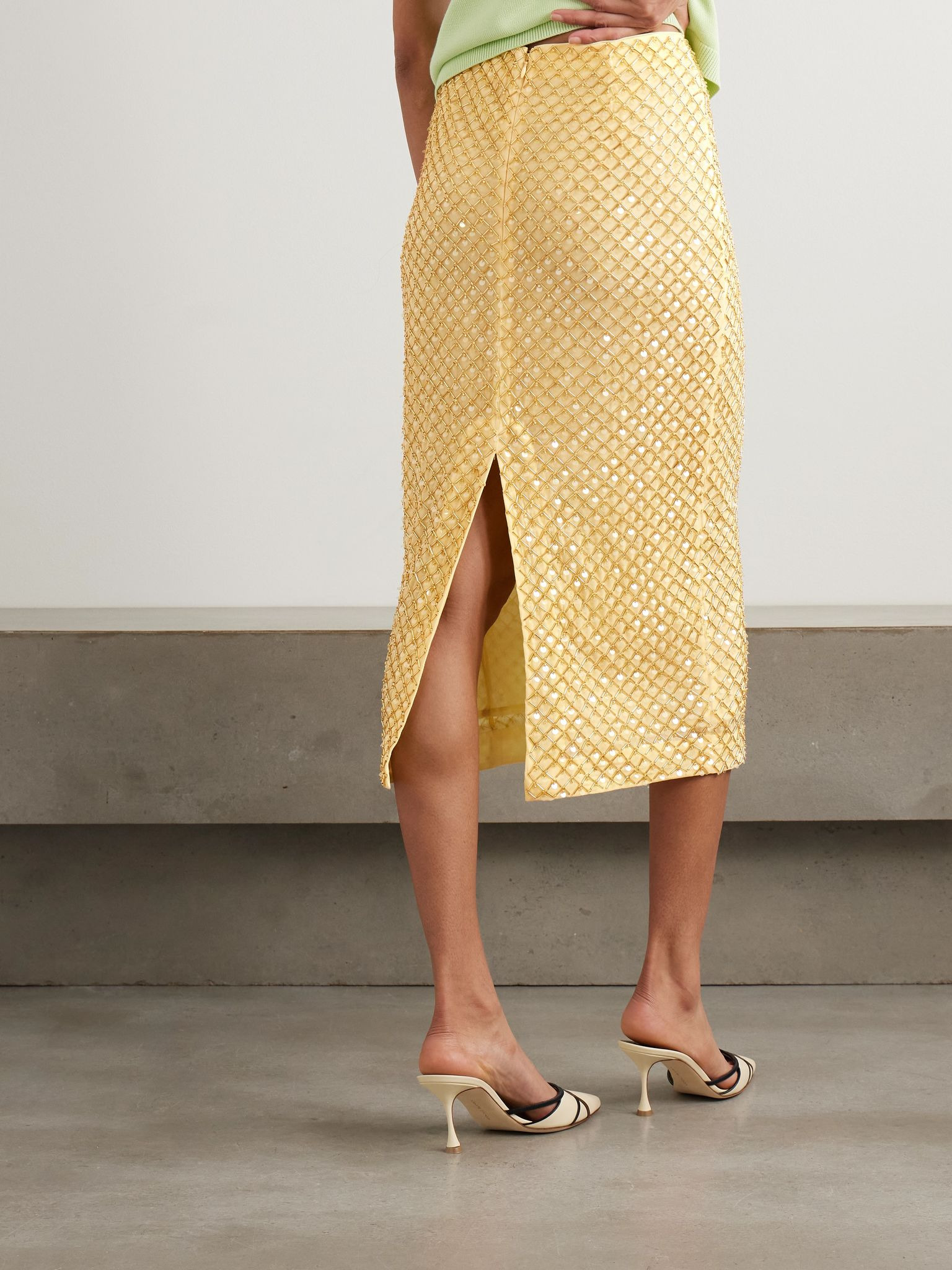 Allora embellished crepe de chine midi skirt Saffron - 3