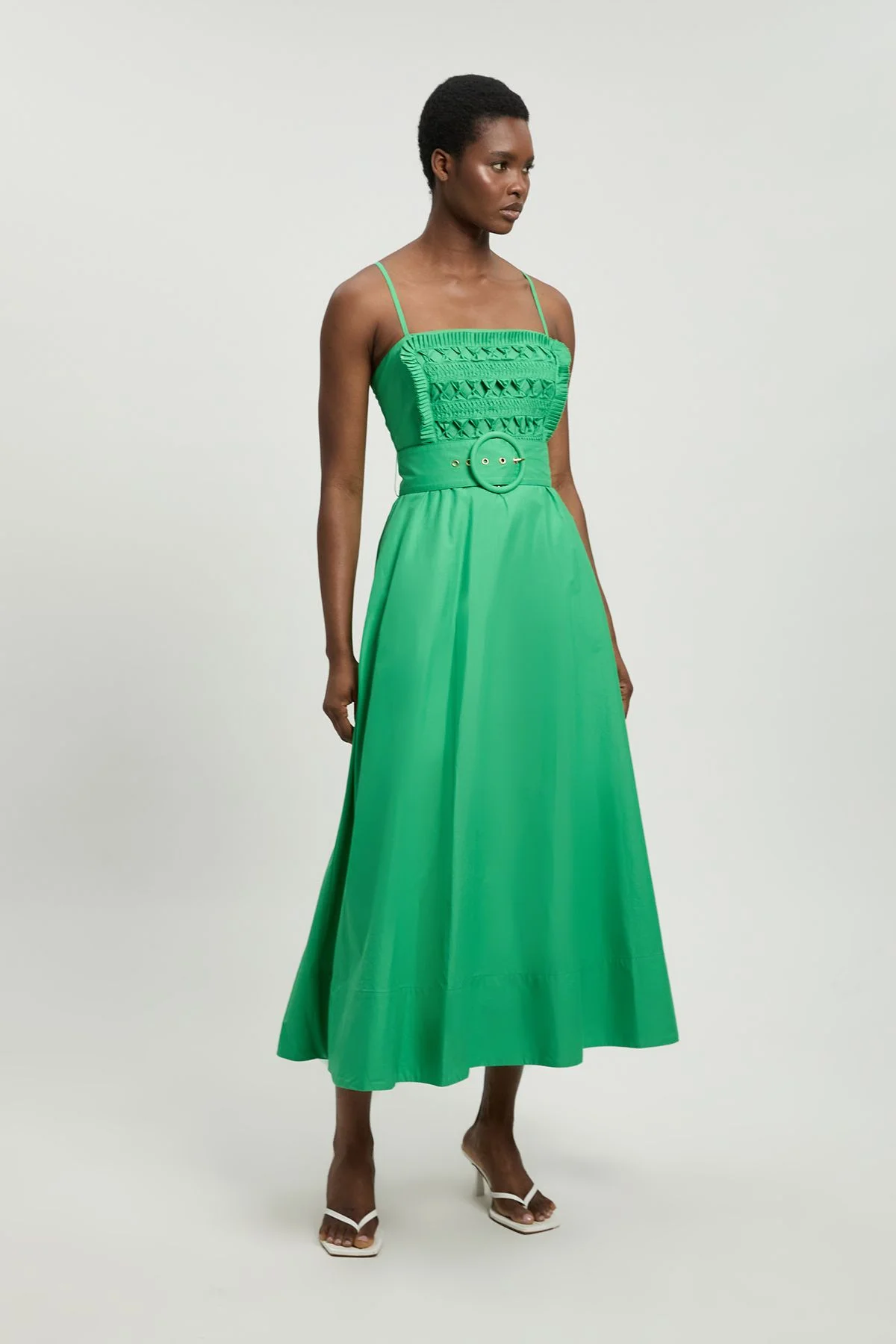 Cutwork Detail Belted Strappy Midi Dress - 1