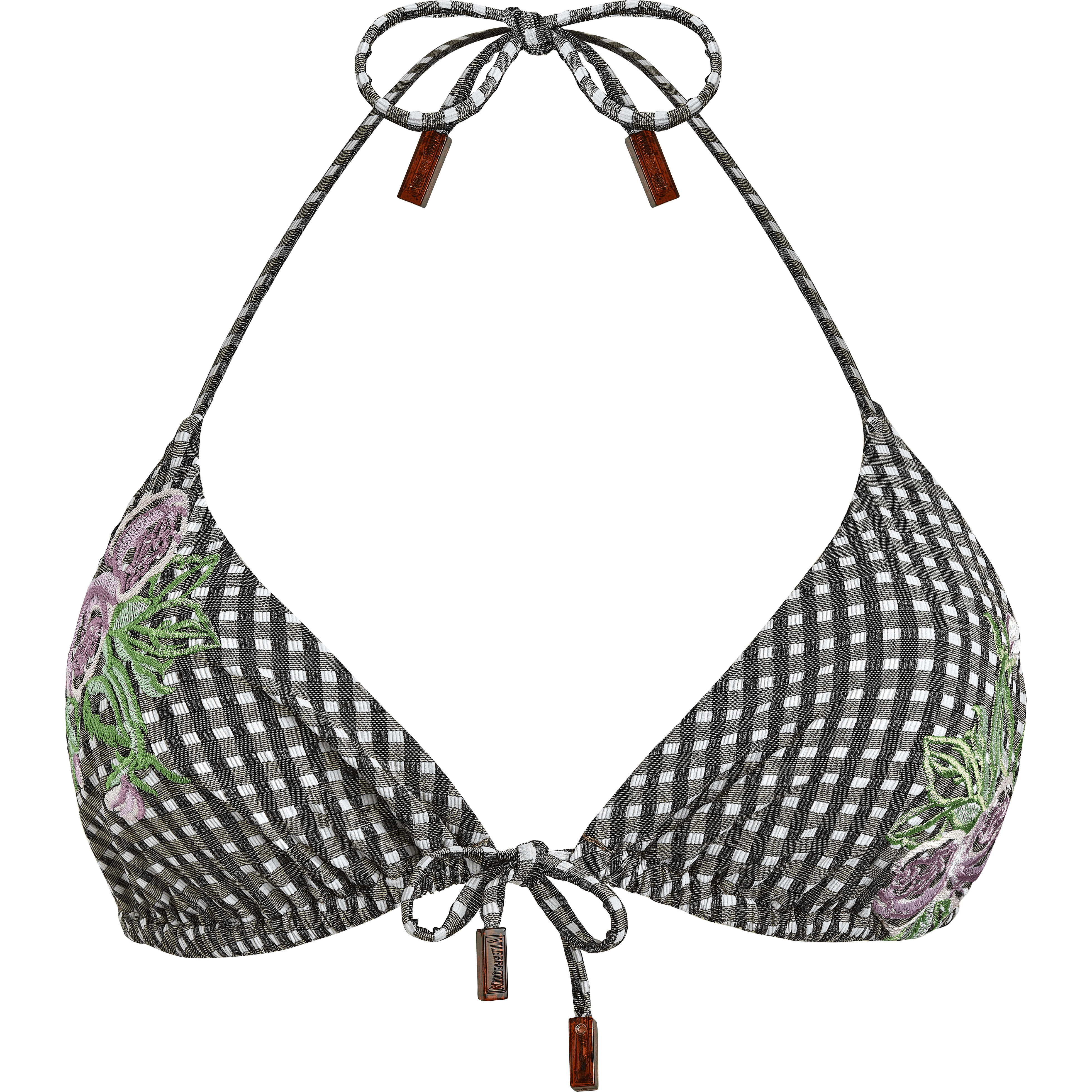 Women Triangle Bikini Top Pocket Check Fleurs Brodées - 1