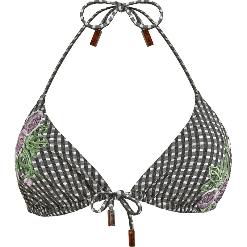 Women Triangle Bikini Top Pocket Check Fleurs Brodées 1
