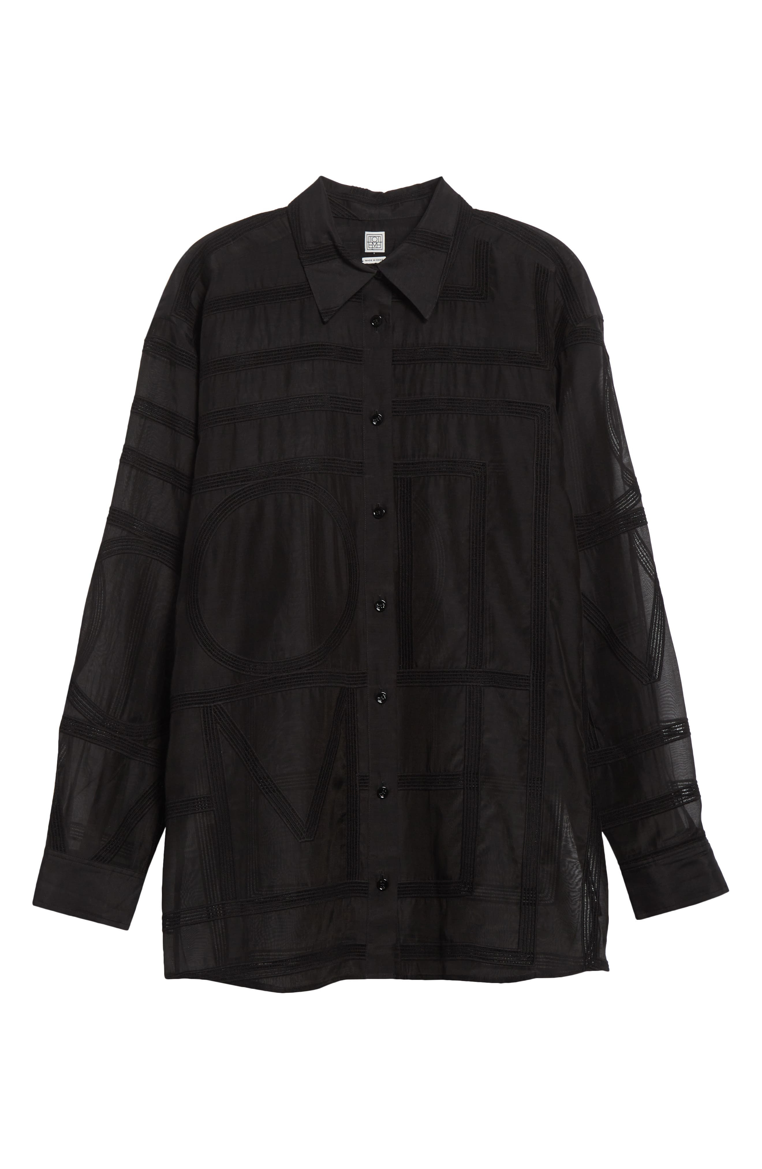 TOTEME Embroidered Organic Cotton & Silk Monogram Oversize Button-Up Shirt in Black at Nordstrom - 6