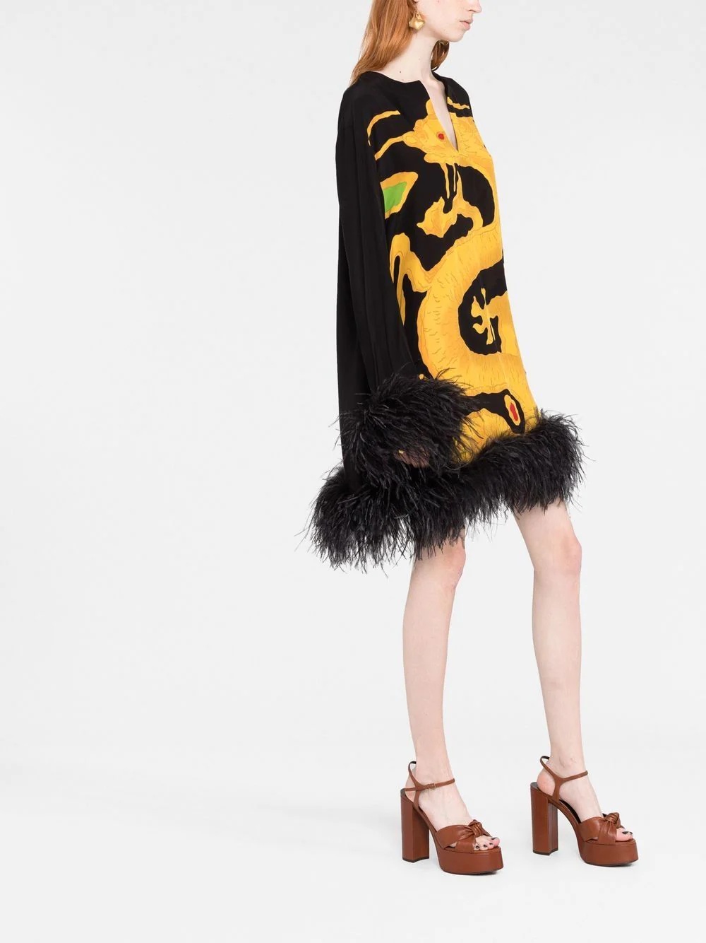 dragon-print feather-trim silk dress - 6