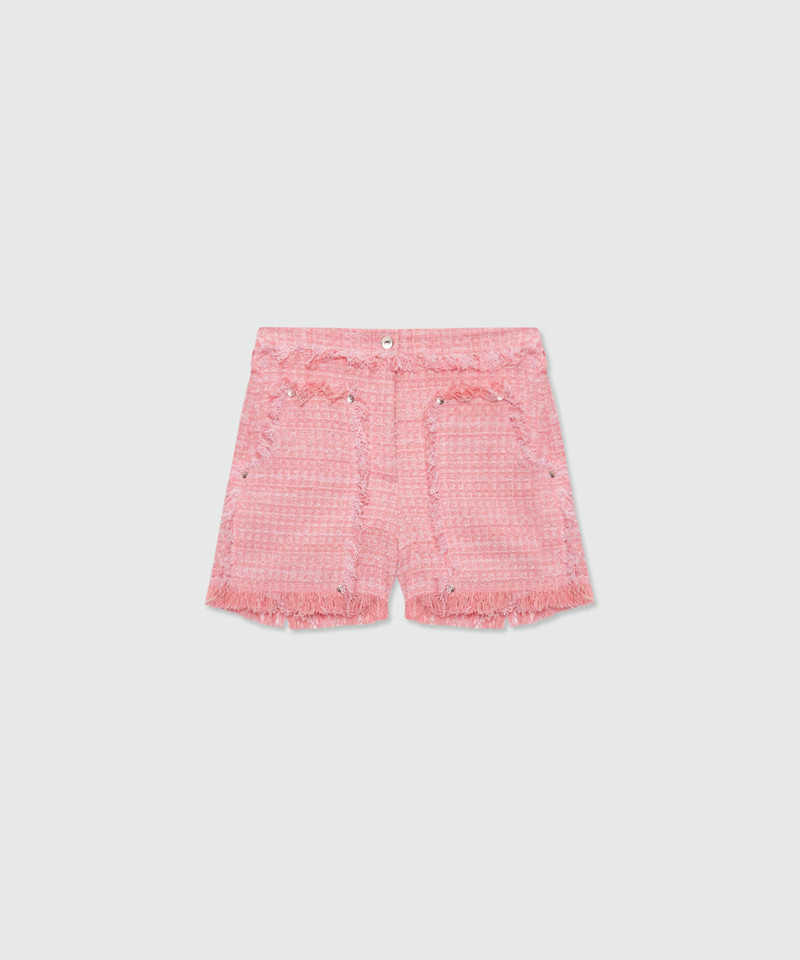 Pink boucle tweed-effect Bermuda shorts with metal waist button 1