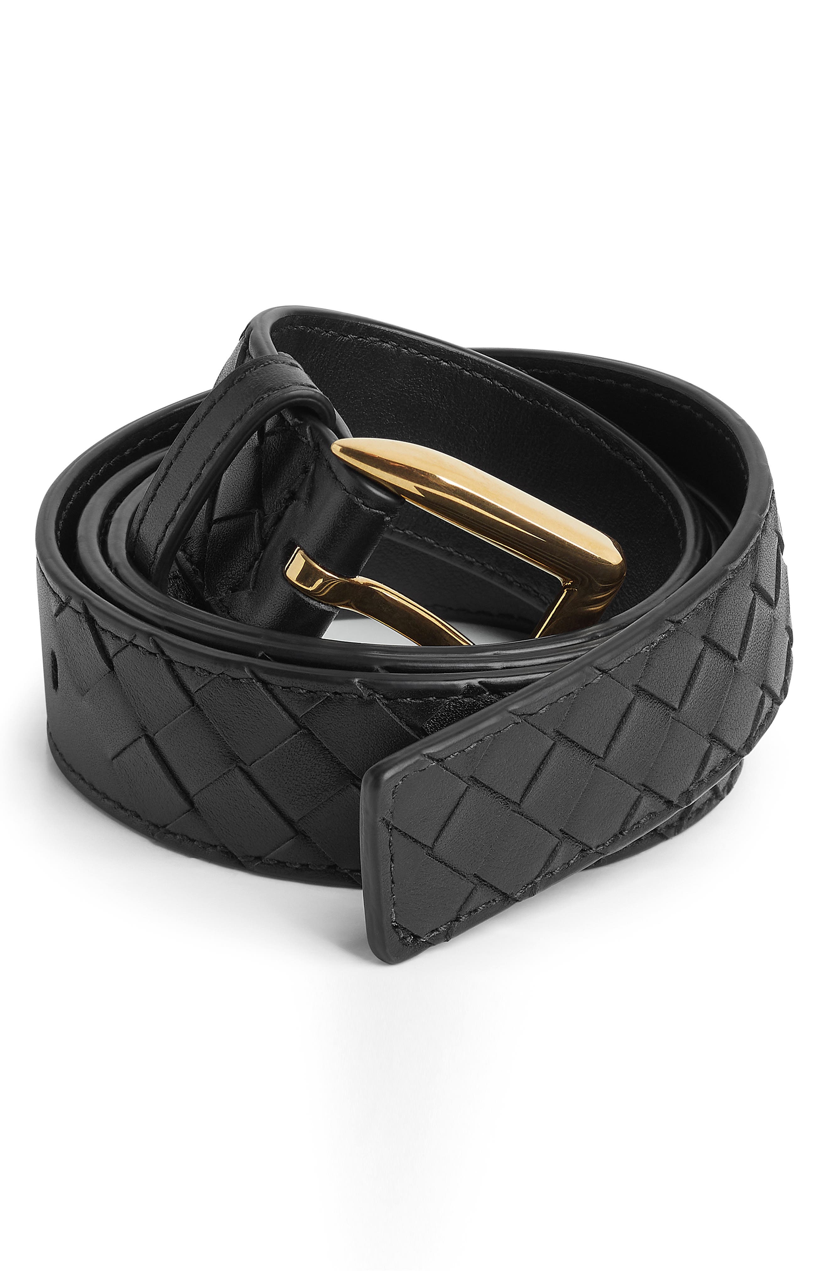 Bottega Veneta Cintura Intrecciato Leather Belt in 1019 Black-M Brass at Nordstrom - 3