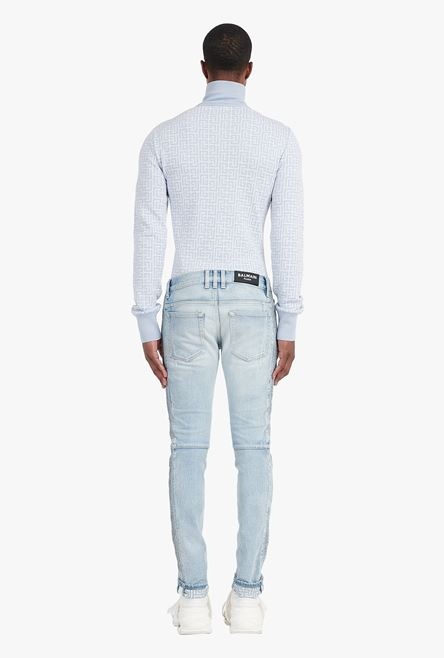 Slim cut faded and ridged light blue denim cotton jeans with Balmain monogram on hem - 3