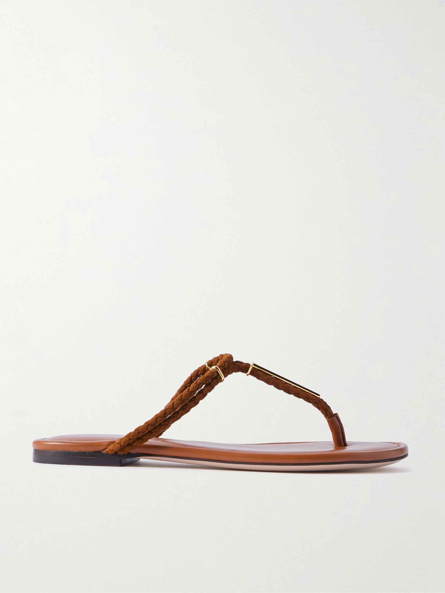 Lily leather-trimmed embellished braided suede sandals Tan - 1